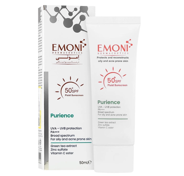 فلوئید ضد آفتاب بی رنگ اِمونی پیورینس SPF50 مناسب پوست چرب و مستعد آکنه ۵۰ میلی‌لیتر